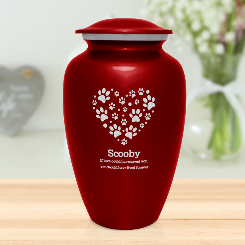 Extra Large Pawprint Heart Pet Cremation Urn - Ruby Red