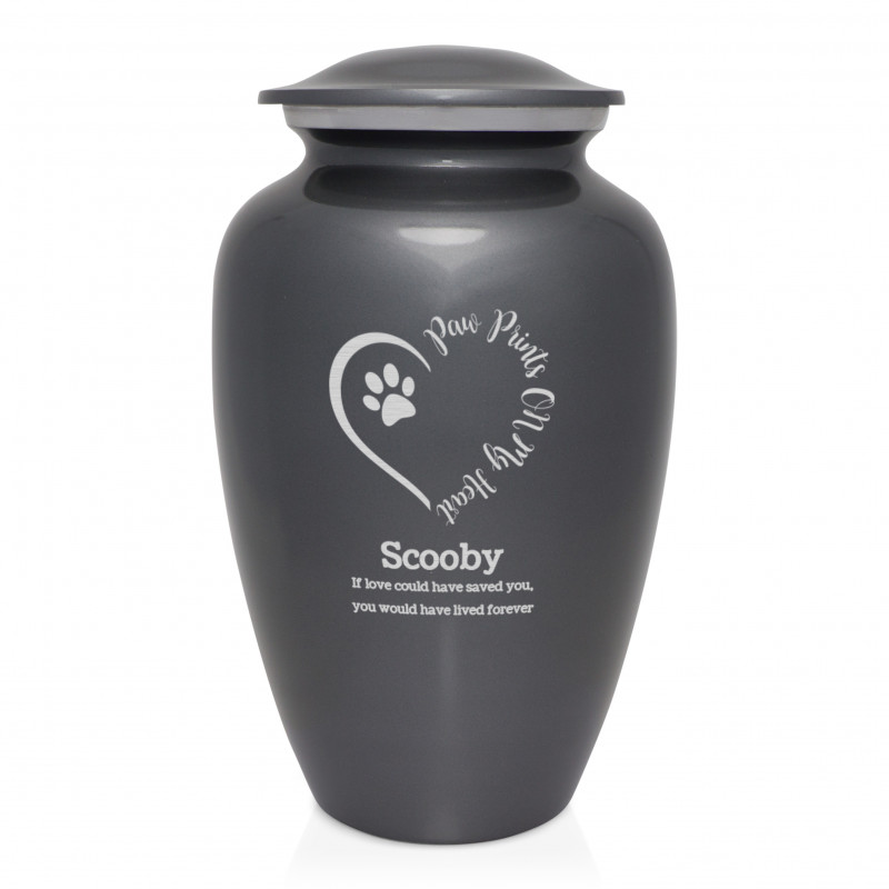 Extra Large Paw Prints On My Heart Pet Cremation Urn - Gunmetal Gray