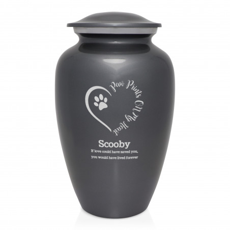Extra Large Paw Prints On My Heart Pet Cremation Urn - Gunmetal Gray
