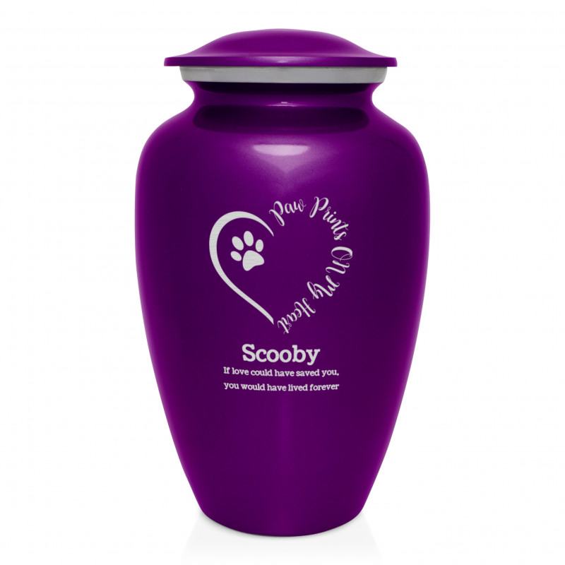 Extra Large Paw Prints On My Heart Pet Cremation Urn - Purple Luster