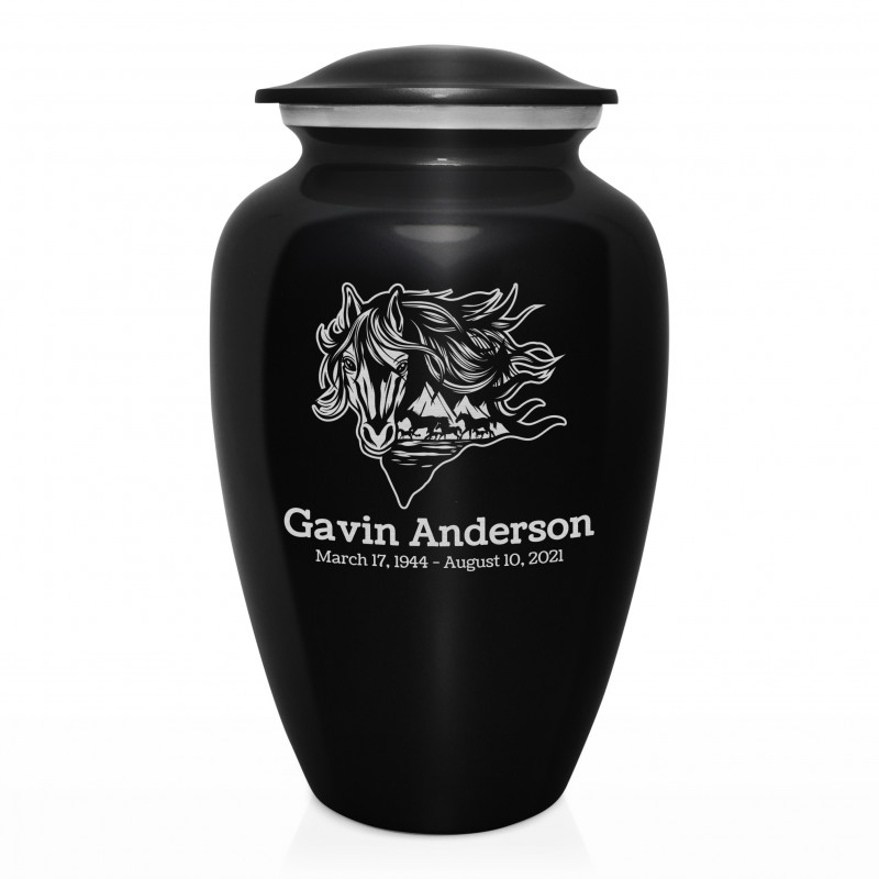 Running Horses Cremation Urn - Jet Black