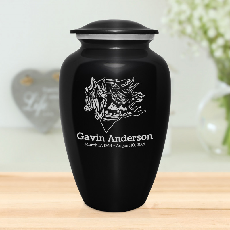 Running Horses Cremation Urn - Jet Black