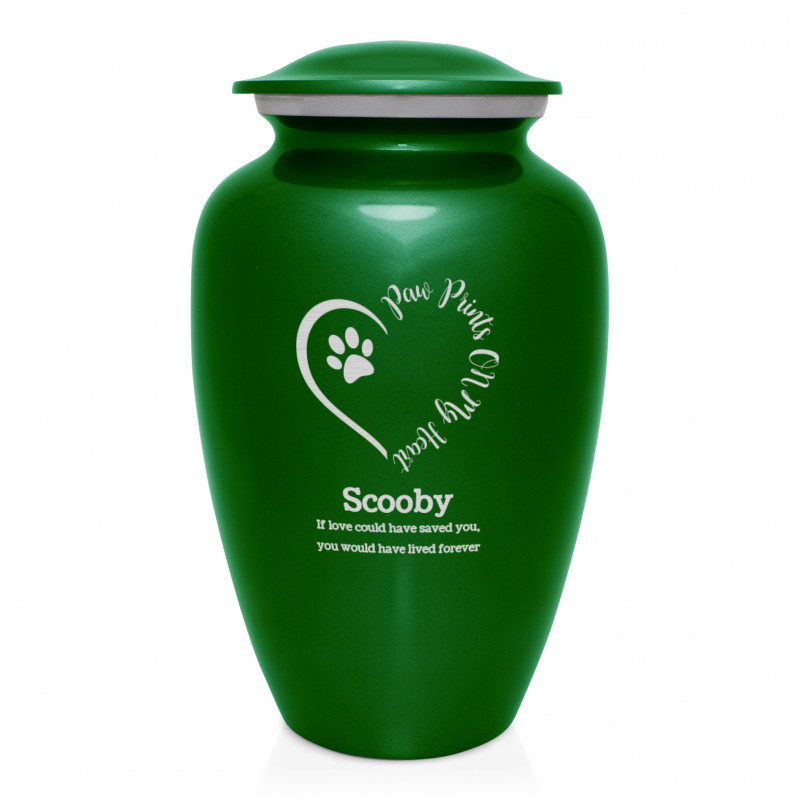 Extra Large Paw Prints On My Heart Pet Cremation Urn - Shamrock Green