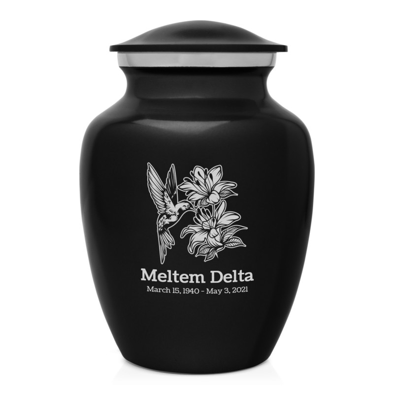 Hummingbird Flowers Sharing Urn - Jet Black