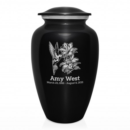 Hummingbird Flowers Cremation Urn - Jet Black