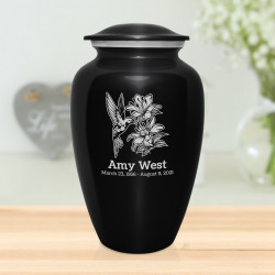 Hummingbird Flowers Cremation Urn - Jet Black