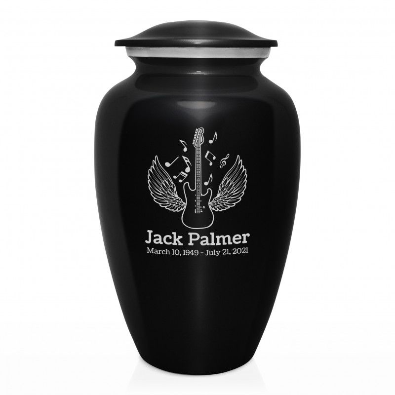 Electric Guitar Angel Wings Cremation Urn - Jet Black