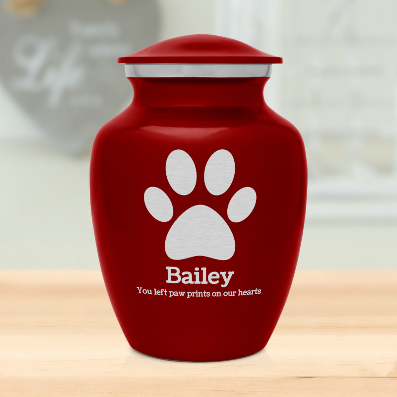Small Paw Print Pet Cremation Urn - Ruby Red