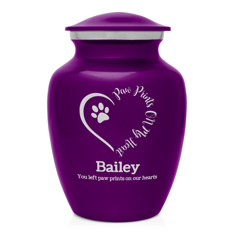 Small Paw Prints On My Heart Pet Cremation Urn - Purple Luster