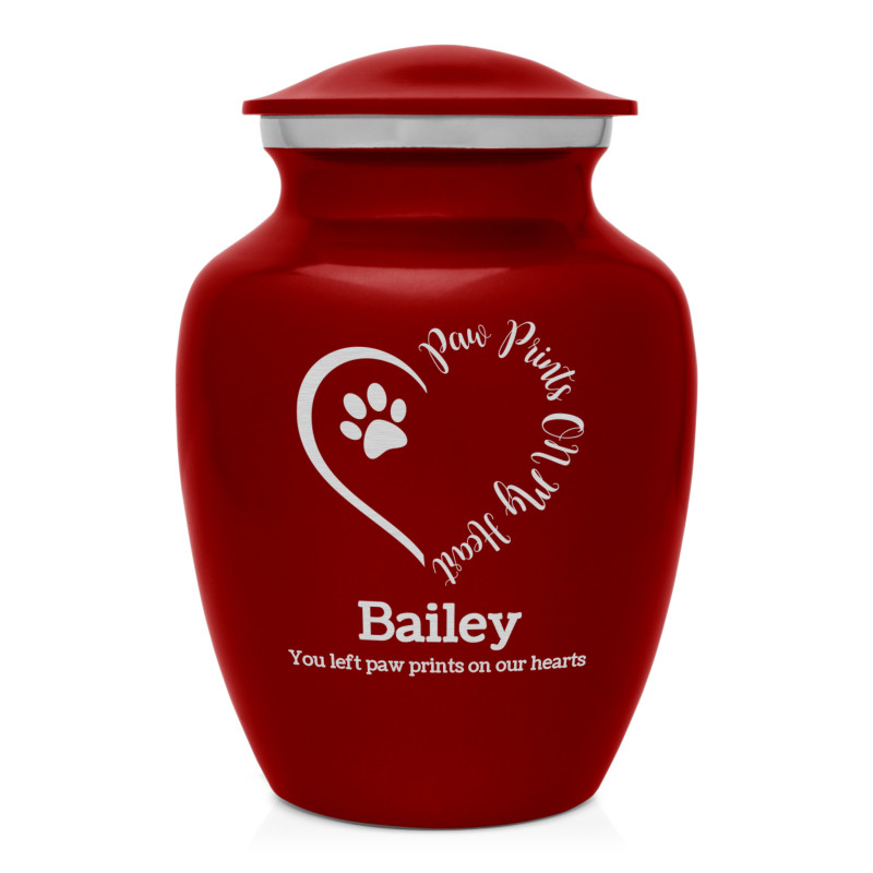 Small Paw Prints On My Heart Pet Cremation Urn - Ruby Red