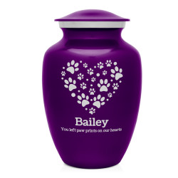 Large Pawprint Heart Pet Cremation Urn - Purple Luster