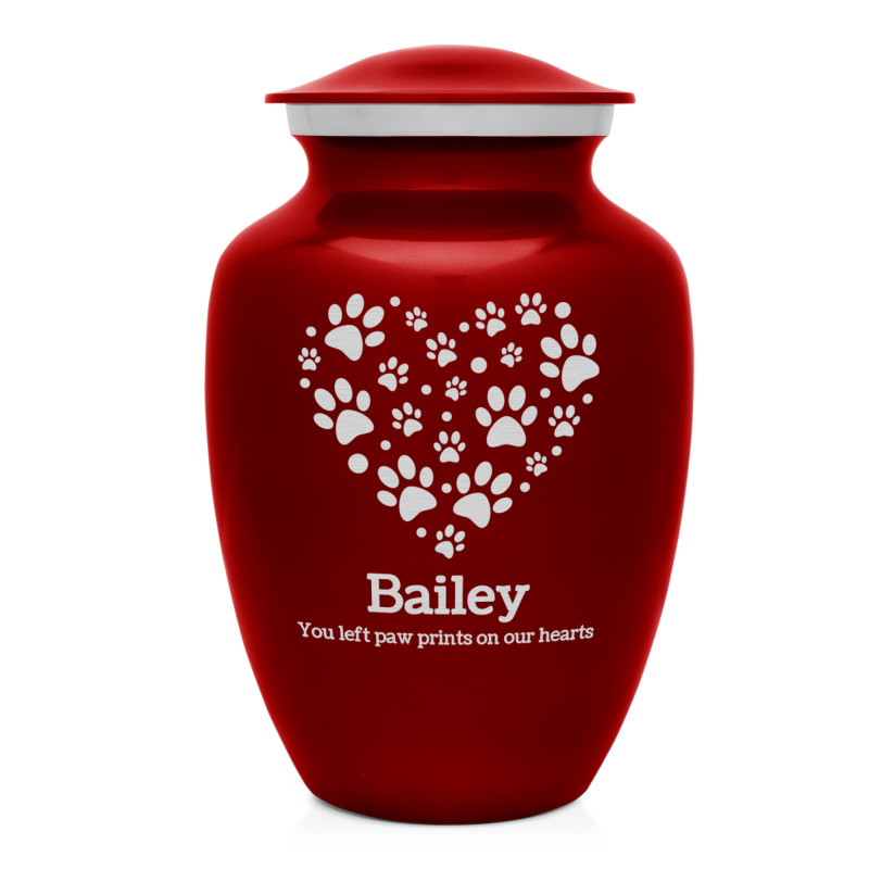Large Pawprint Heart Pet Cremation Urn - Ruby Red