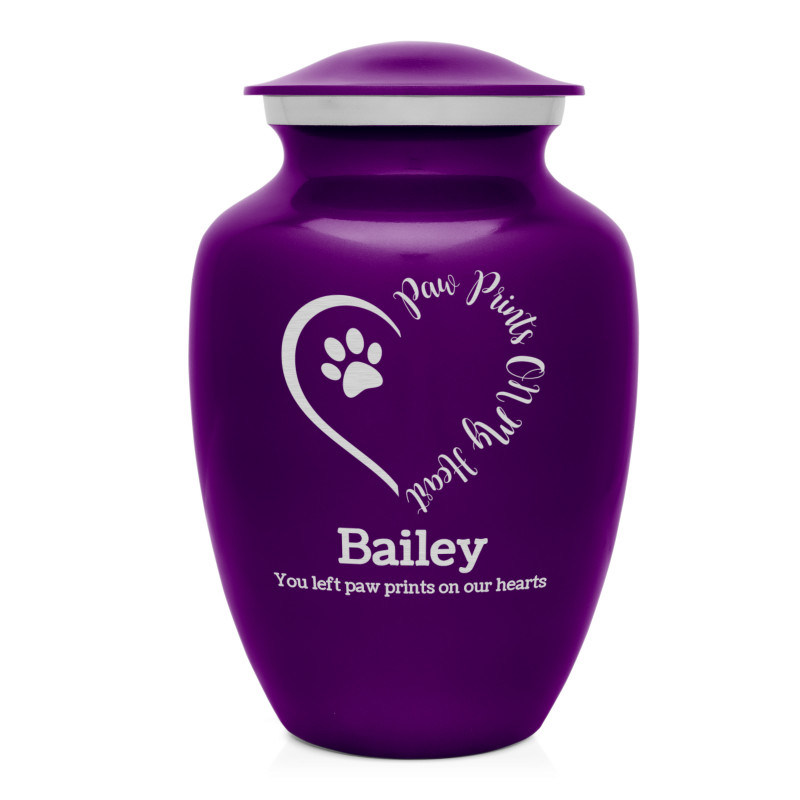 Large Paw Prints On My Heart Pet Cremation Urn - Purple Luster