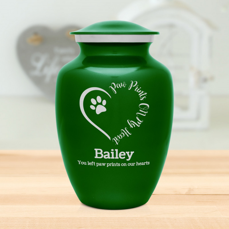 Large Paw Prints On My Heart Pet Cremation Urn - Shamrock Green