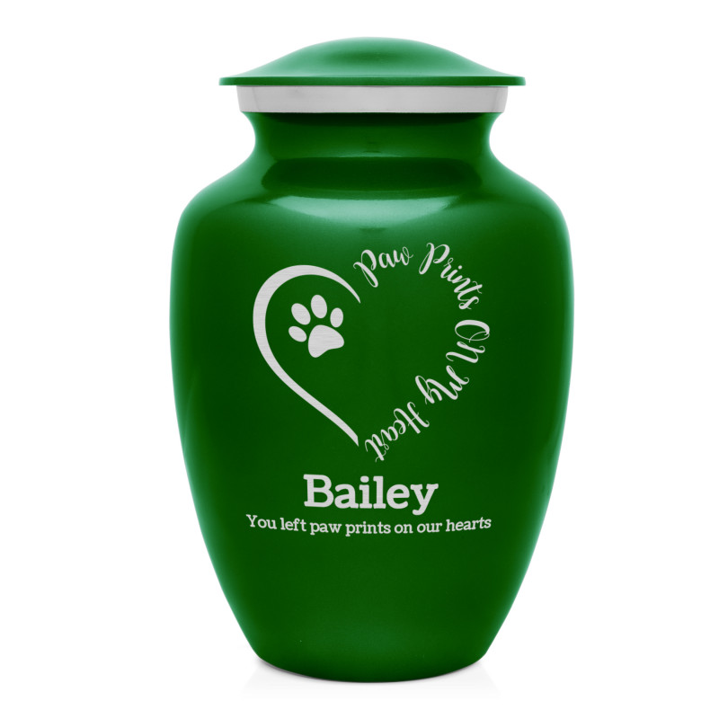 Large Paw Prints On My Heart Pet Cremation Urn - Shamrock Green