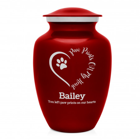 Large Paw Prints On My Heart Pet Cremation Urn - Ruby Red