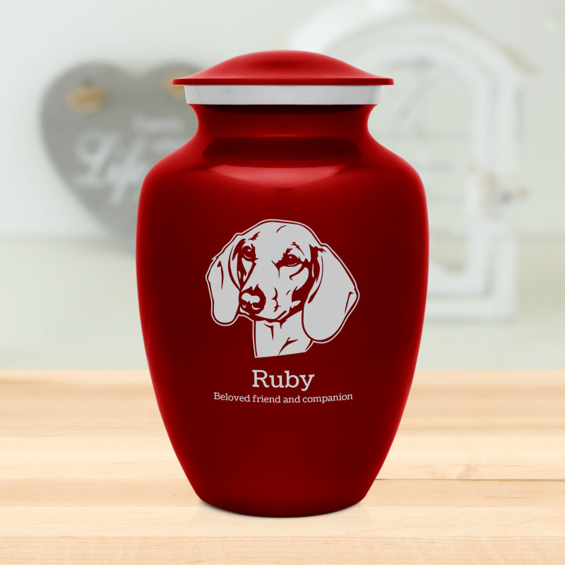 Large Shorthaired Dachshund Pet Cremation Urn - Ruby Red