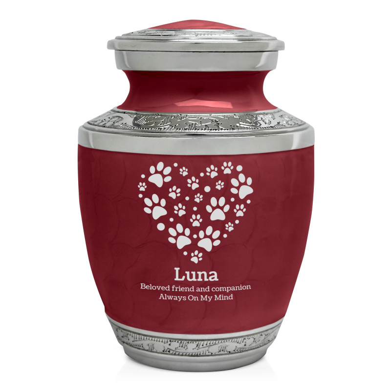 Small Pawprint Heart Pet Cremation Urn - Rose Red
