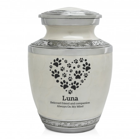 Small Pawprint Heart Pet Cremation Urn - Radiant White