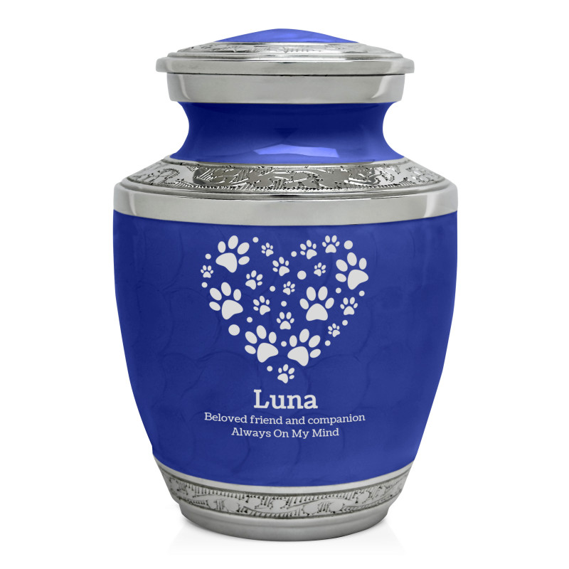 Small Pawprint Heart Pet Cremation Urn - Royal Blue
