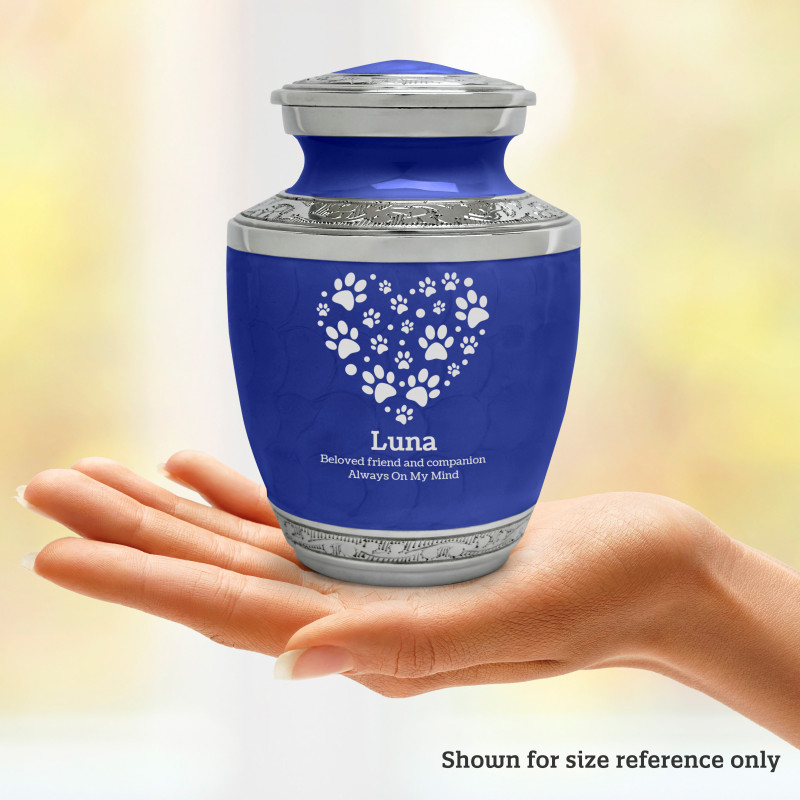 Small Pawprint Heart Pet Cremation Urn - Royal Blue