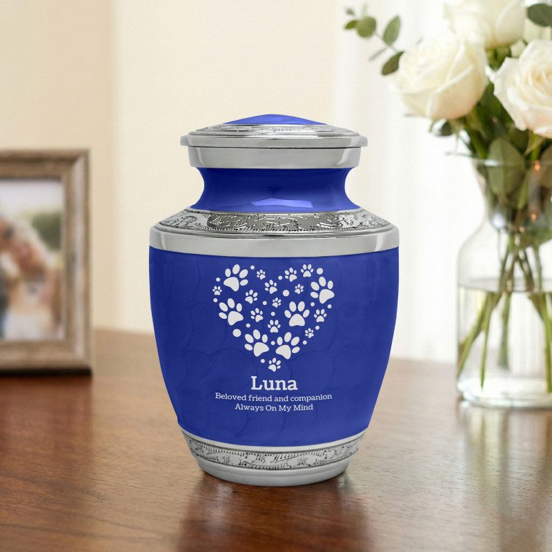 Small Pawprint Heart Pet Cremation Urn - Royal Blue