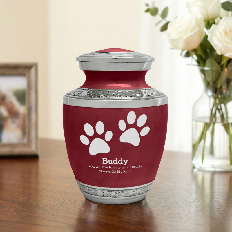 Small Paw Prints Pet Cremation Urn - Rose Red