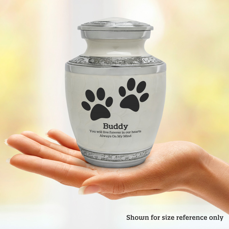 Small Paw Prints Pet Cremation Urn - Radiant White