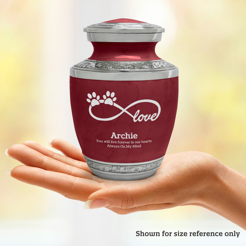 Small Infinity Love Paw Prints Pet Cremation Urn - Rose Red