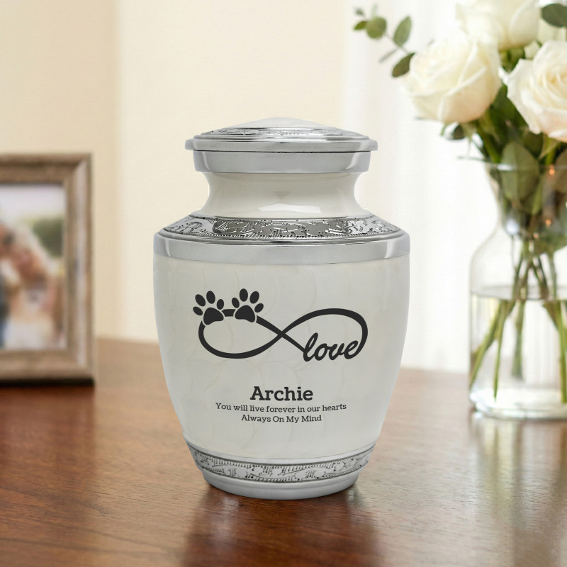 Small Infinity Love Paw Prints Pet Cremation Urn - Radiant White