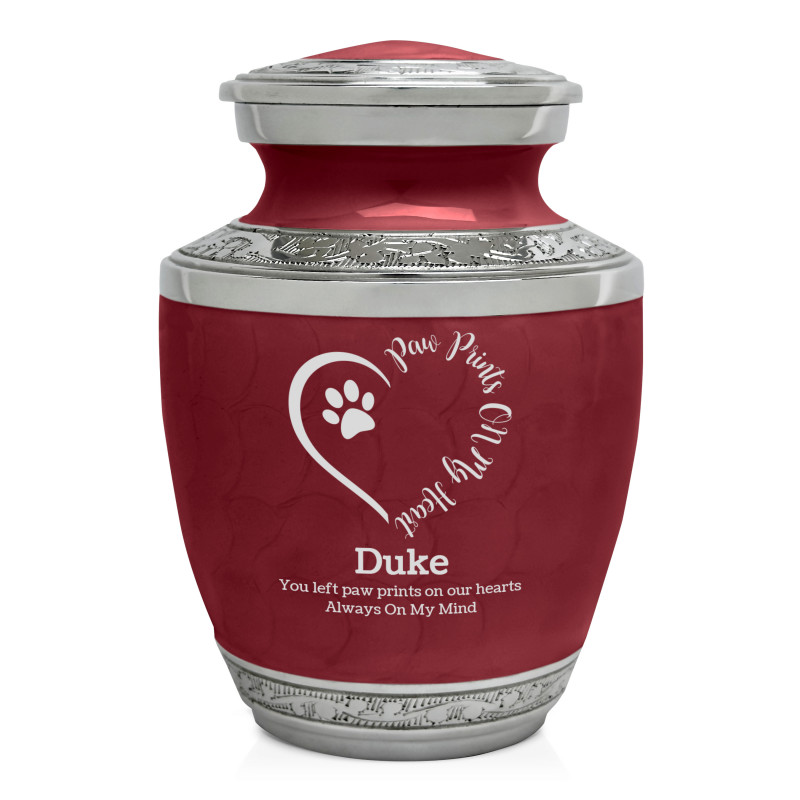 Small Paw Prints On Heart Pet Cremation Urn - Rose Red