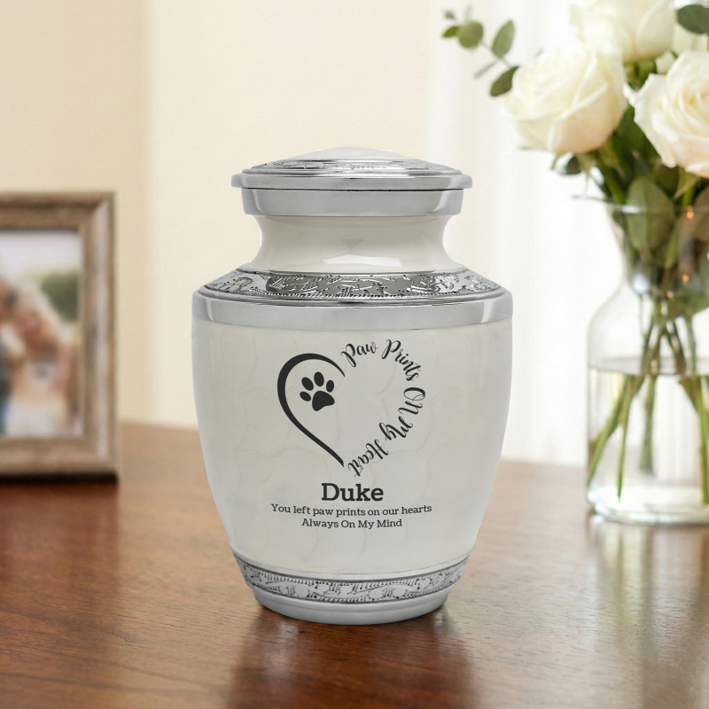 Small Paw Prints On Heart Pet Cremation Urn - Radiant White