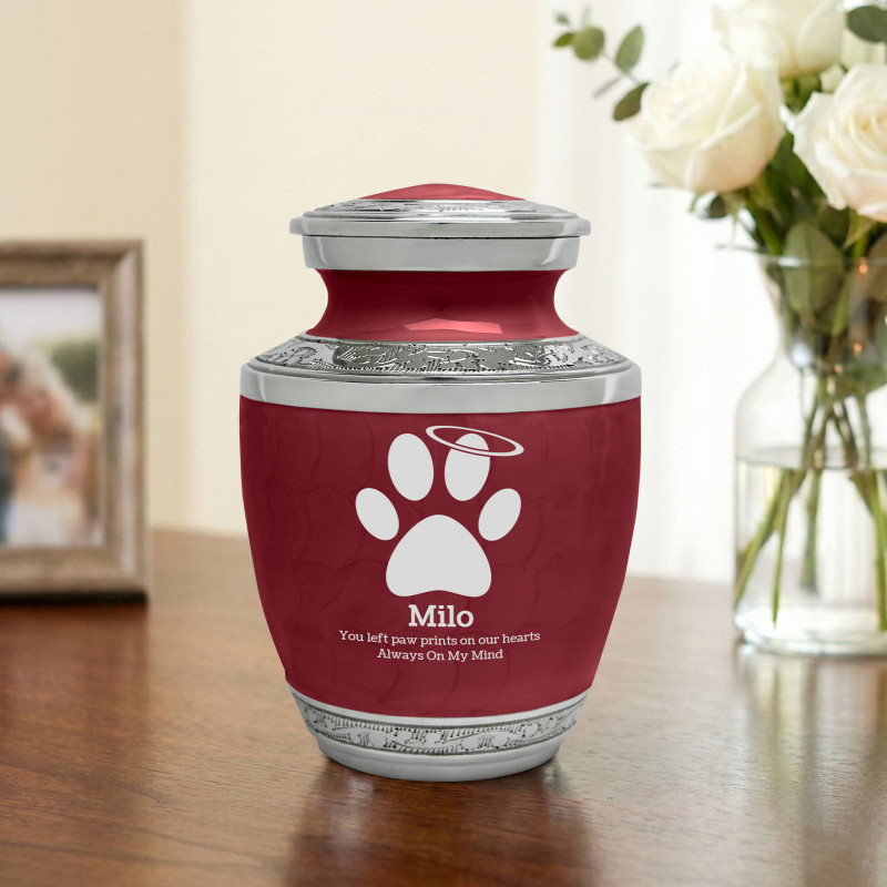 Small Paw Prints Halo Pet Cremation Urn - Rose Red
