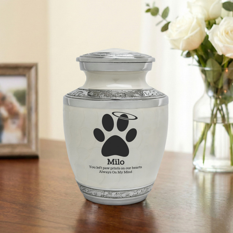Small Paw Prints Halo Pet Cremation Urn - Radiant White