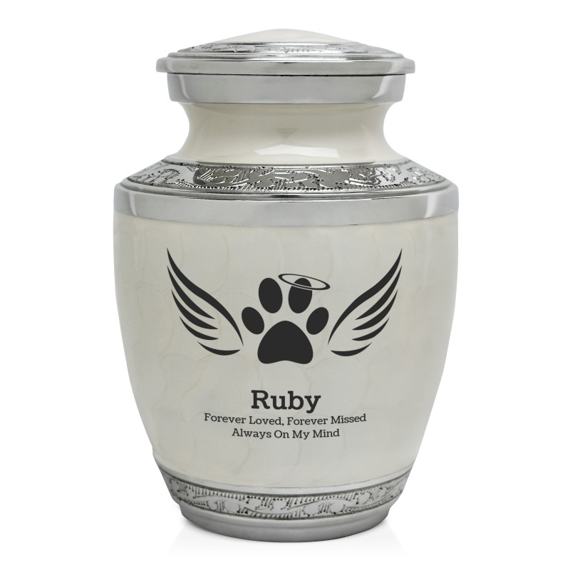 Small Paw Prints Wings Halo Pet Cremation Urn - Radiant White