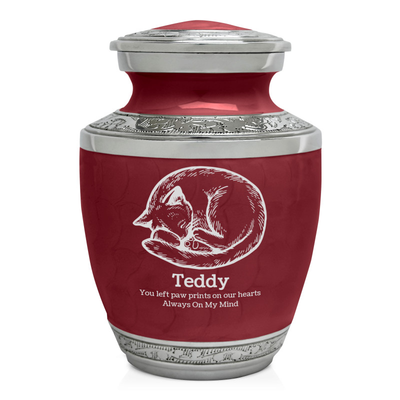 Small Cat Sleeping Pet Cremation Urn - Rose Red