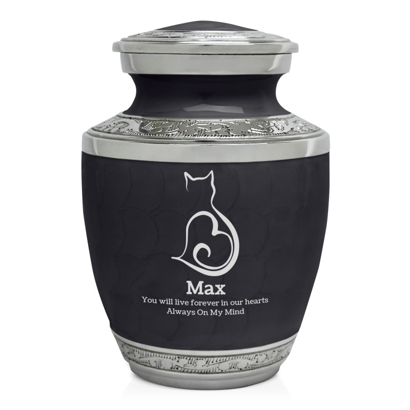 Small Cat Sit Heart Pet Cremation Urn - Ebony Black