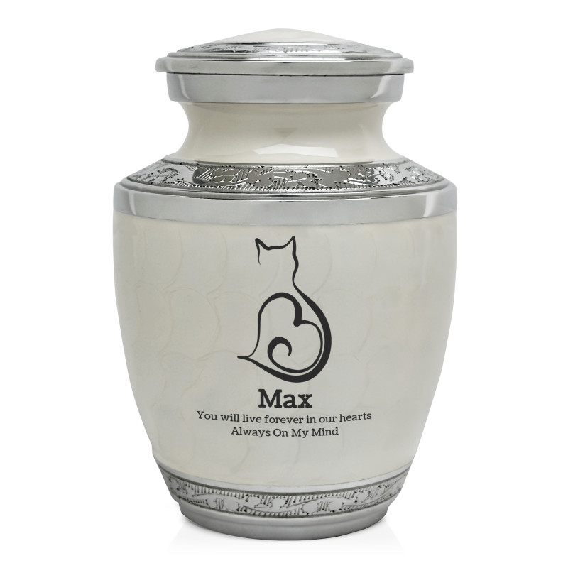 Small Cat Sit Heart Pet Cremation Urn - Radiant White