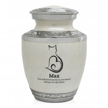 Small Cat Sit Heart Pet Cremation Urn - Radiant White