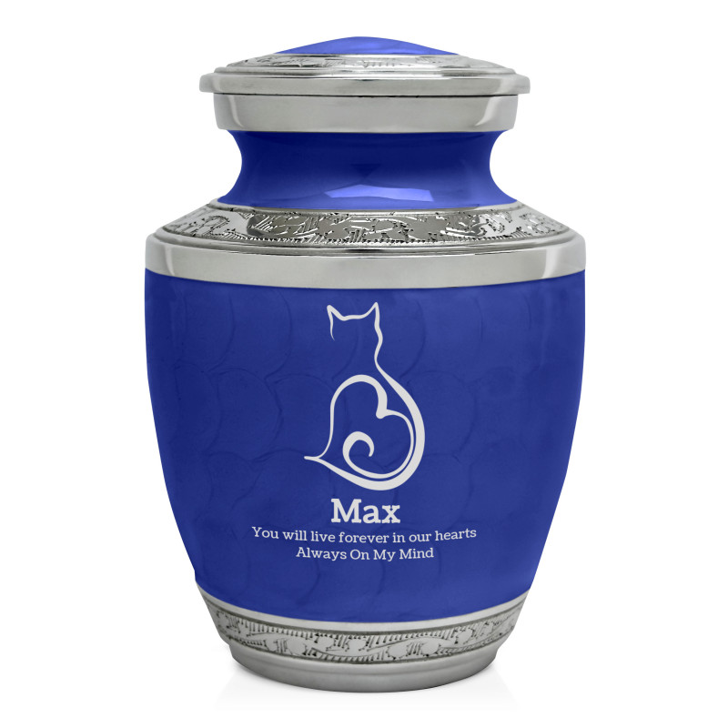 Small Cat Sit Heart Pet Cremation Urn - Royal Blue