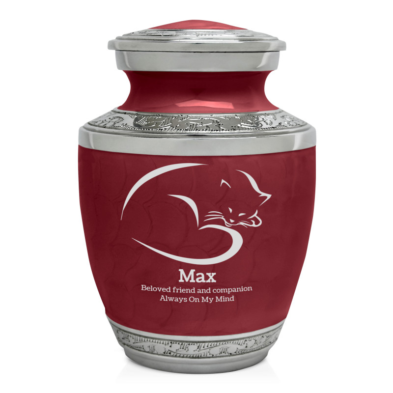 Sleeping Cat Pet Cremation Urn - Rose Red