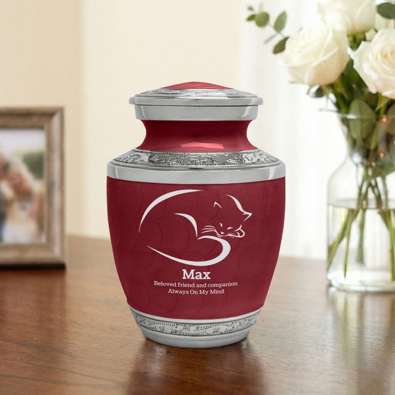 Small Cat Sleep II Pet Cremation Urn - Rose Red