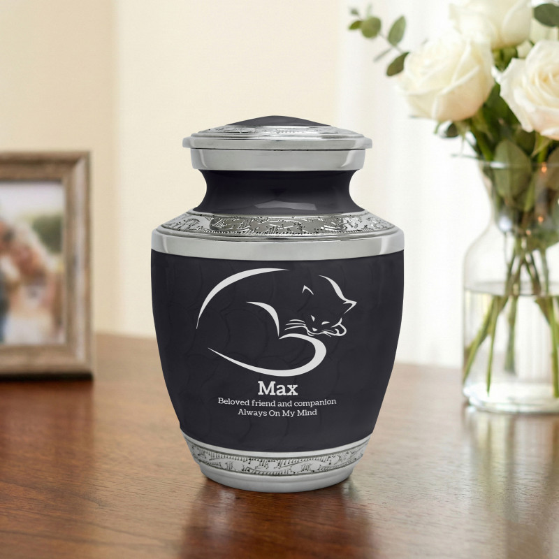 Small Cat Sleep II Pet Cremation Urn - Ebony Black