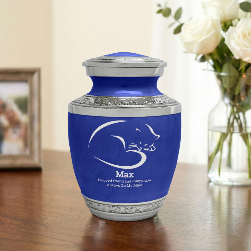 Small Cat Sleep II Pet Cremation Urn - Royal Blue