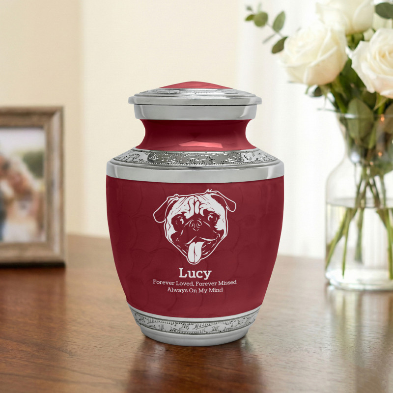 Small Pug Pet Cremation Urn - Rose Red
