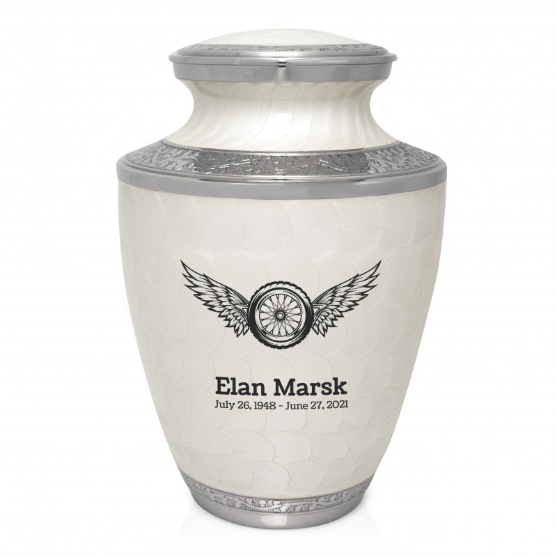 Motorcycle Wheel Wings Cremation Urn - Radiant White