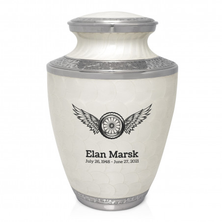 Motorcycle Wheel Wings Cremation Urn - Radiant White