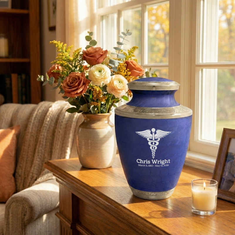 Cadeceus Cremation Urn - Royal Blue
