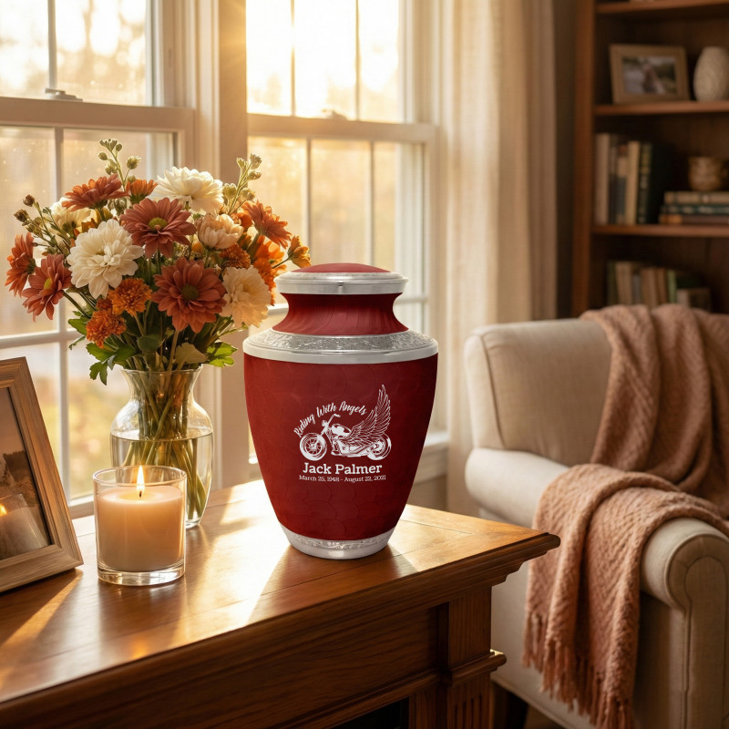 Riding with Angels Motorcycle Cremation Urn - Rose Red