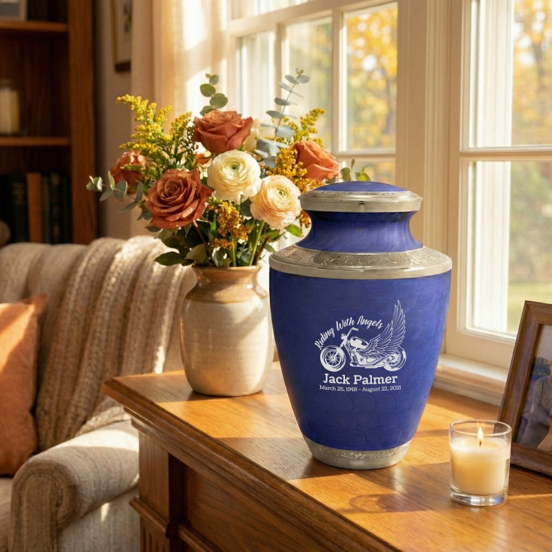 Riding with Angels Motorcycle Cremation Urn - Royal Blue